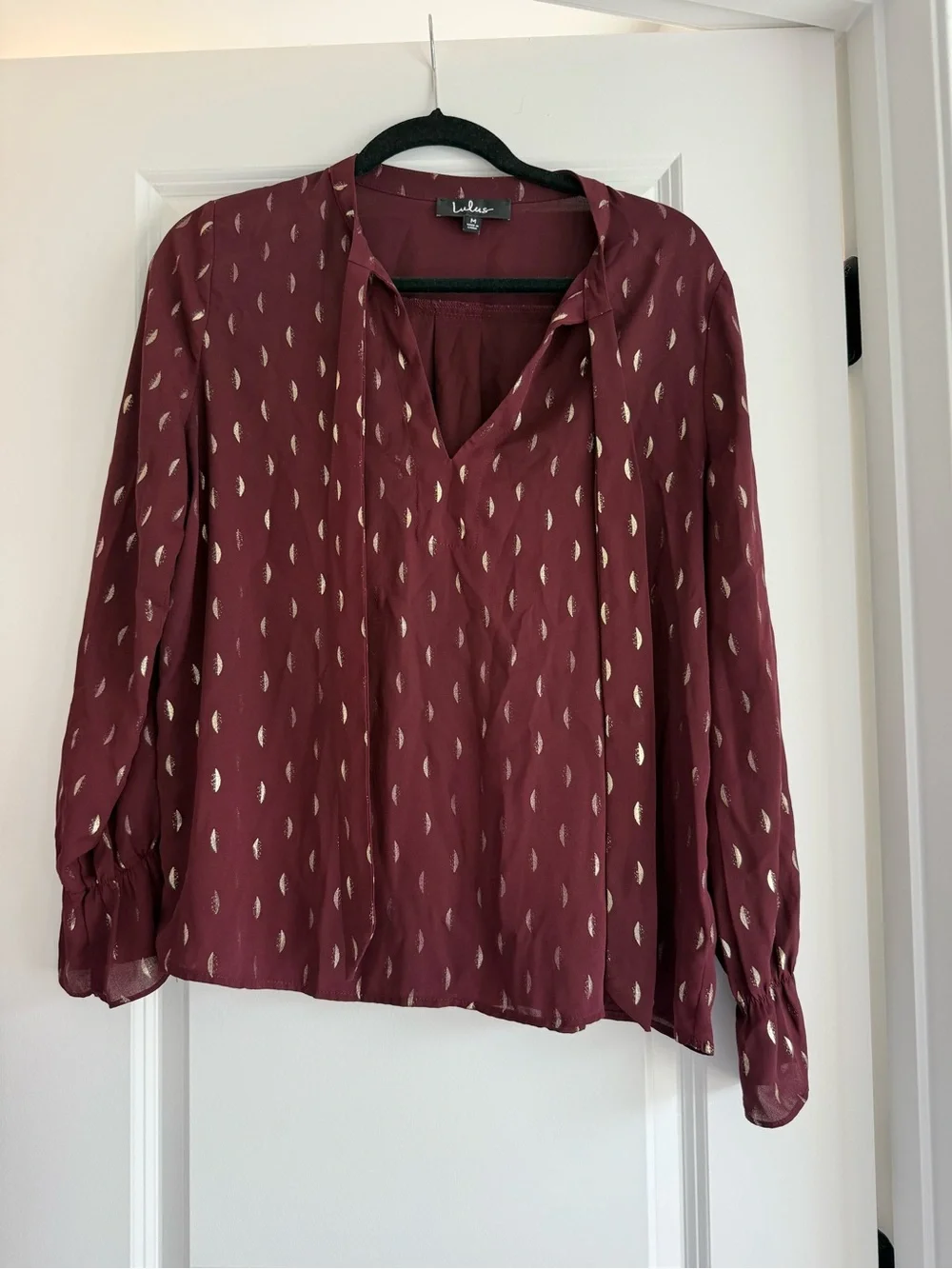 Lulu's Wine Red V-Neck Blouse with Metallic Dot Accents